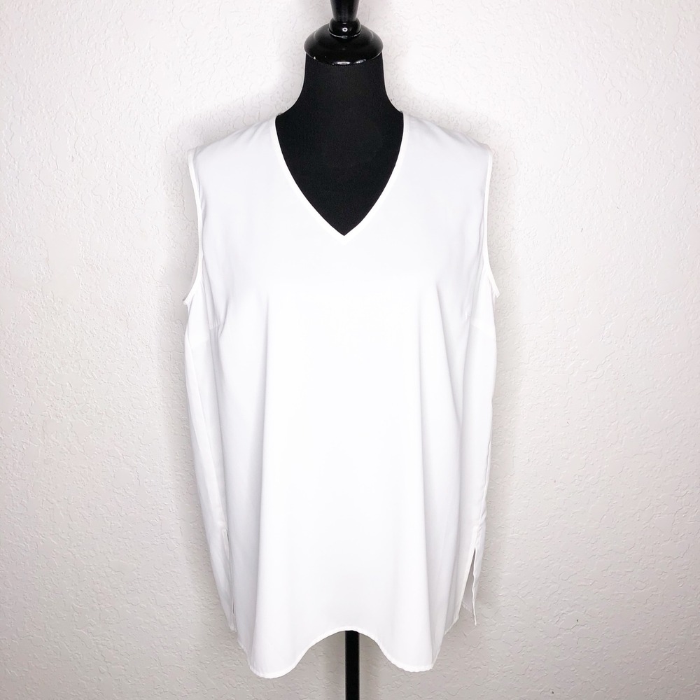 Ming Wang Womens Large White V-Neck Sleeveless Blouse Side Slit Shell Top Chic